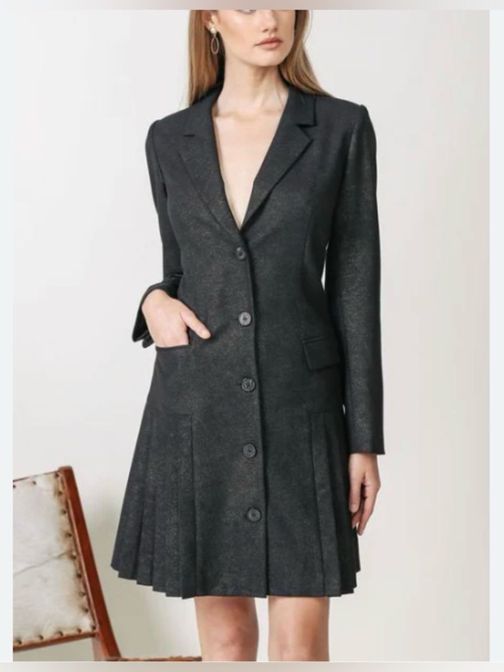 Current Air Black Gold Dust Blazer Dress Button-Front Pleated Hem Coat Sz L